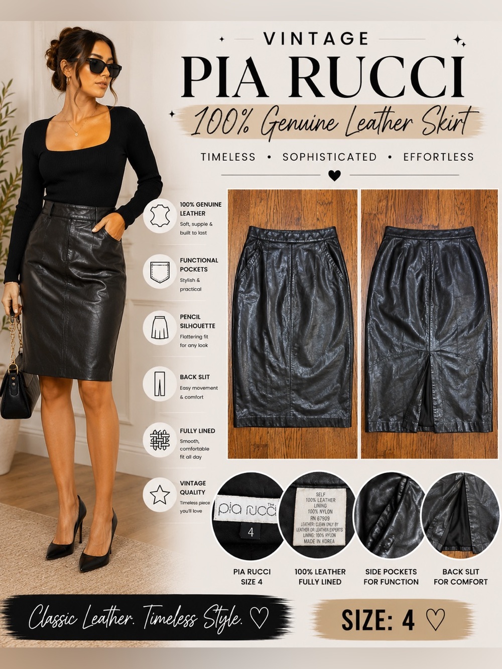 Vintage Pia Rucci Black 100% Genuine Leather Midi Pencil Skirt Size 4